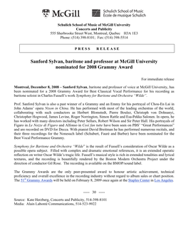 Sanford Sylvan, Baritone and Professor at Mcgill University Nominated for 2008 Grammy Award