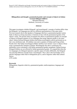 Grammatical Gender and Concepts of Objects in Italian- German Bilingual Children Benedetta Bassetti, Birkbeck, University of London