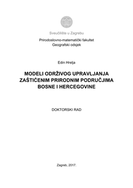 Modeli Održivog Upravljanja Zaštićenim Prirodnim Područjima Bosne I Hercegovine