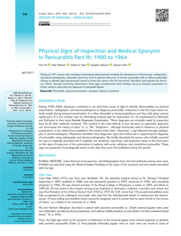 Physical Signs of Inspection and Medical Eponyms in Pericarditis Part III: 1900 to 1964