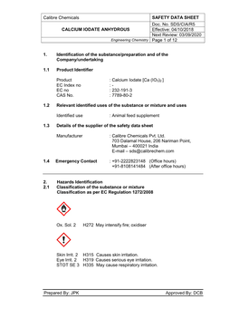 Calibre Chemicals SAFETY DATA SHEET CALCIUM IODATE