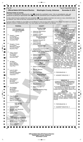 2016 General Election Washington County, Arkansas November 8, 2016 INSTRUCTIONS to VOTER: 1