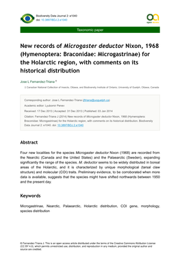 New Records of Microgaster Deductor Nixon, 1968 (Hymenoptera: Braconidae: Microgastrinae) for the Holarctic Region, with Comments on Its Historical Distribution