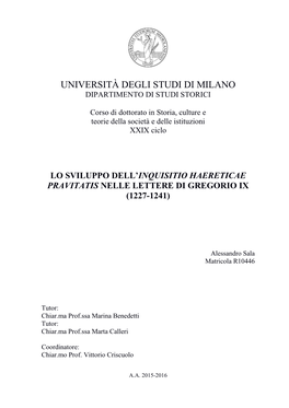 Università Degli Studi Di Milano Dipartimento Di Studi Storici