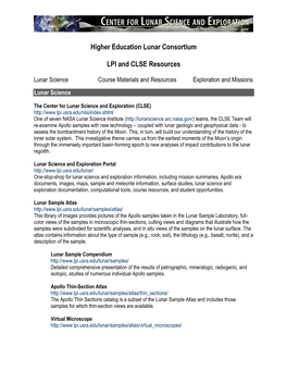 Higher Education Lunar Consortium LPI and CLSE Resources