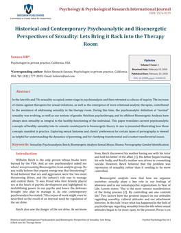 Historical and Contemporary Psychoanalytic and Bioenergetic Perspectives of Sexuality: Lets Bring It Back Into the Therapy Room