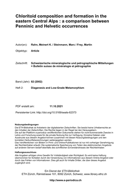 Chloritoid Composition and Formation in the Eastern Central Alps : a Comparison Between Penninic and Helvetic Occurrences