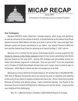 MICAP RECAP June 2007 (A Publication of the Michigan Council on Alcohol Problems)