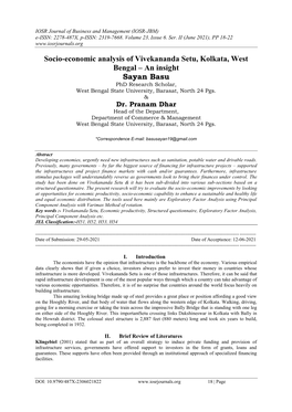 Socio-Economic Analysis of Vivekananda Setu, Kolkata, West Bengal – an Insight Sayan Basu Phd Research Scholar, West Bengal State University, Barasat, North 24 Pgs