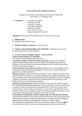 HAM and STONE PARISH COUNCIL Minutes of the Parish Council Meeting Held at Stone Village Hall on Monday 17Th September 2018 1