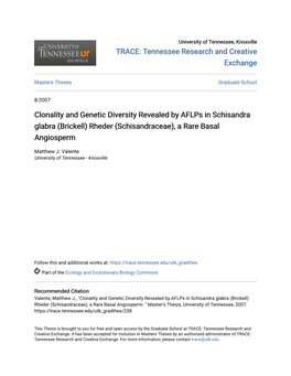 Clonality and Genetic Diversity Revealed by Aflps in Schisandra Glabra (Brickell) Rheder (Schisandraceae), a Rare Basal Angiosperm