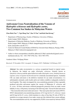 Antivenom Cross-Neutralization of the Venoms of Hydrophis Schistosus and Hydrophis Curtus, Two Common Sea Snakes in Malaysian Waters