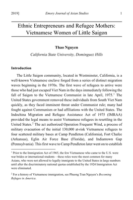 Ethnic Entrepreneurs and Refugee Mothers: Vietnamese Women of Little Saigon