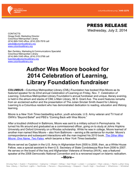 Author Wes Moore Booked for 2014 Celebration of Learning, Library Foundation Fundraiser