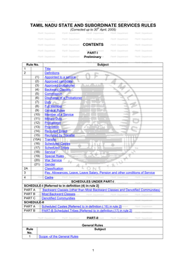 TAMIL NADU STATE and SUBORDINATE SERVICES RULES (Corrected up to 30Th April, 2005) PARTS I & II