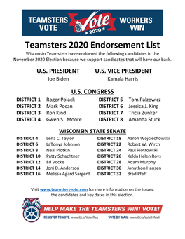 Teamsters 2020 Endorsement List