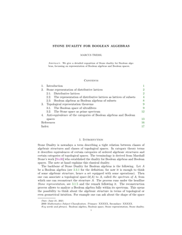 STONE DUALITY for BOOLEAN ALGEBRAS Contents 1