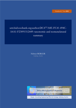 Urn:Lsid:Zoobank.Org:Author:DC477A8E-FC41-494C- A4A1-F23091512449: Taxonomic and Nomenclatural Summary