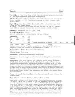 Laurite Rus2 C 2001-2005 Mineral Data Publishing, Version 1 Crystal Data: Cubic