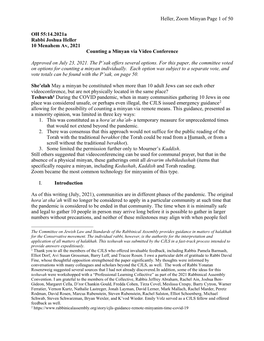 Heller, Zoom Minyan Page 1 of 50 OH 55:14.2021A Rabbi Joshua Heller 10 Menahem Av, 2021 Counting a Minyan Via Video Conference A