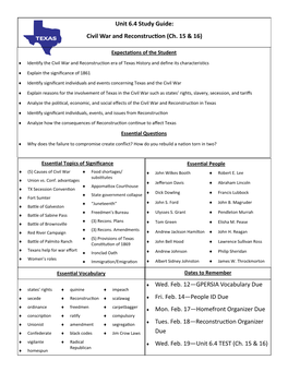 Unit 6.4 Study Guide: Civil War and Reconstruction (Ch