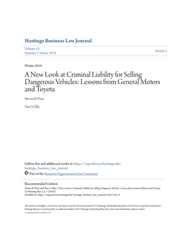 A New Look at Criminal Liability for Selling Dangerous Vehicles: Lessons from General Motors and Toyota Steven B