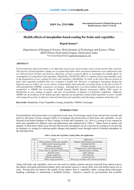 Health Effects of Morpholine Based Coating for Fruits and Vegetables