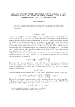 “Entropic Value-At-Risk: a New Coherent Risk Measure” by Amir Ahmadi-Javid, J