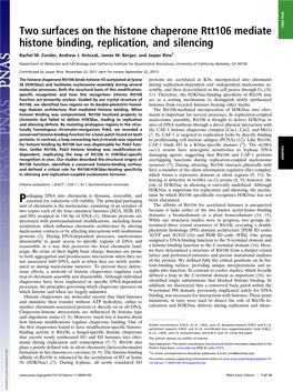 Two Surfaces on the Histone Chaperone Rtt106 Mediate PNAS PLUS Histone Binding, Replication, and Silencing