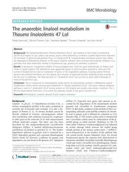 The Anaerobic Linalool Metabolism in Thauera Linaloolentis 47 Lol Robert Marmulla1, Edinson Puentes Cala1, Stephanie Markert2, Thomas Schweder2 and Jens Harder1*