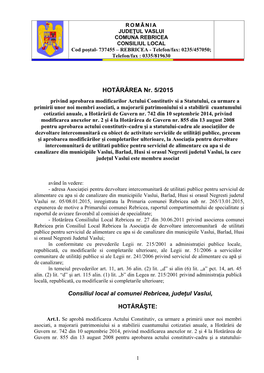 HOTĂRÂREA Nr. 5/2015 Consiliul Local Al Comunei Rebricea, Judeţul