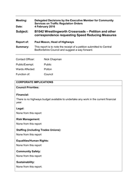 Subject: B1042 Wrestlingworth Crossroads – Petition and Other Correspondence Requesting Speed Reducing Measures