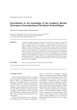 Contribution to the Knowledge of the Longhorn Beetles (Coleoptera Cerambycidae) of the Syrian Coastal Region