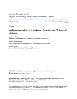 Additions and Deletions to the Known Cerambycidae (Coleoptera) of Bolivia