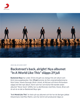 Backstreet's Back, Alright! Nya Albumet ”In a World Like This” Släpps 29 Juli