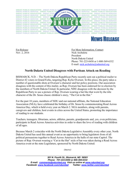 North Dakota United Disagrees with Partisan Attack on Reading