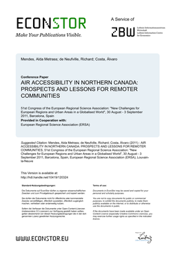 Air Accessibility in Northern Canada: Prospects and Lessons for Remoter Communities