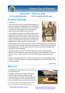 Newsletter – February 2019 President's Message BBQ Is