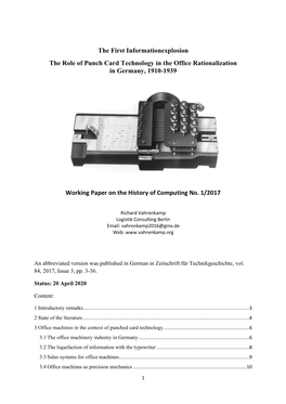 The First Informationexplosion the Role of Punch Card Technology in the Office Rationalization in Germany, 1910-1939