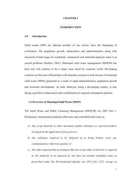 CHAPTER 1 INTRODUCTION 1.0 Introduction Solid Wastes (SW)