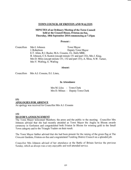 TOWN COUNCIL of FRINTON and WALTON MINUTES of an Ordinary