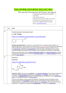 TFDA 原料藥廠 核准生產品項 2016 1021 Wiki