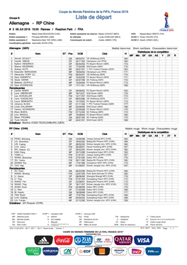 Liste De Départ Allemagne - RP Chine # 3 08 JUI 2019 15:00 Rennes / Roazhon Park / FRA