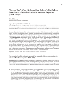 “Because That's What His Consul Had Ordered” : the Chilean Consulate As a Labor Institution in Mendoza, Argentina (1859-18