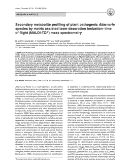 Secondary Metabolite Profiling of Plant Pathogenic Alternaria Species by Matrix Assisted Laser Desorption Ionization–Time of Flight (MALDI-TOF) Mass Spectrometry