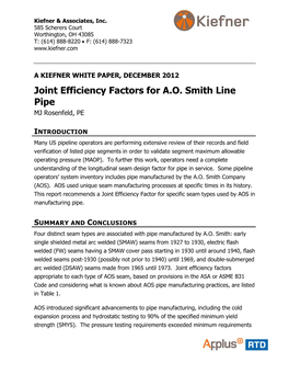 Joint Efficiency Factors for A.O. Smith Line Pipe MJ Rosenfeld, PE