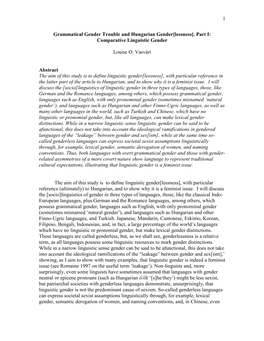 Part I: Comparative Linguistic Gender Louise O. Vasvári Abstract T