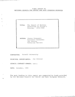 The Impact of Western Technology on Poland's Economy: 1970-1984