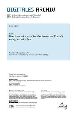 Directions to Improve the Effectiveness of Russia's Energy Export Policy