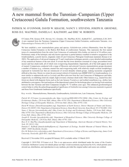 A New Mammal from the Turonian–Campanian (Upper Cretaceous) Galula Formation, Southwestern Tanzania